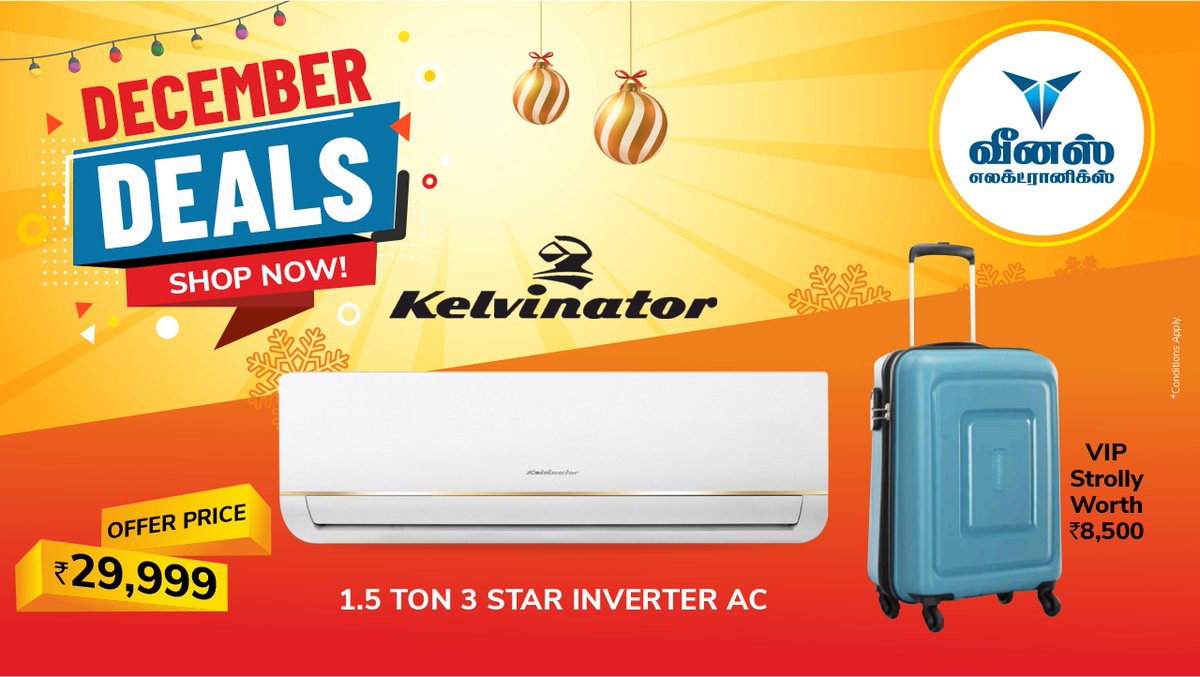 VenusForValue's tweet photo. DECEMBER DEALS SHOP NOW OFFER  By Venus Electronics. KELVINATOR 1.5 TON 3 STAR INVERTER AC + VIP STROLLY OFFER PRICE Rs 29,999 /- CALL 73730 60000 or Visit our nearest branch or Buy Online at https://t.co/igs00Aq9jU https://t.co/zejK6gO58L