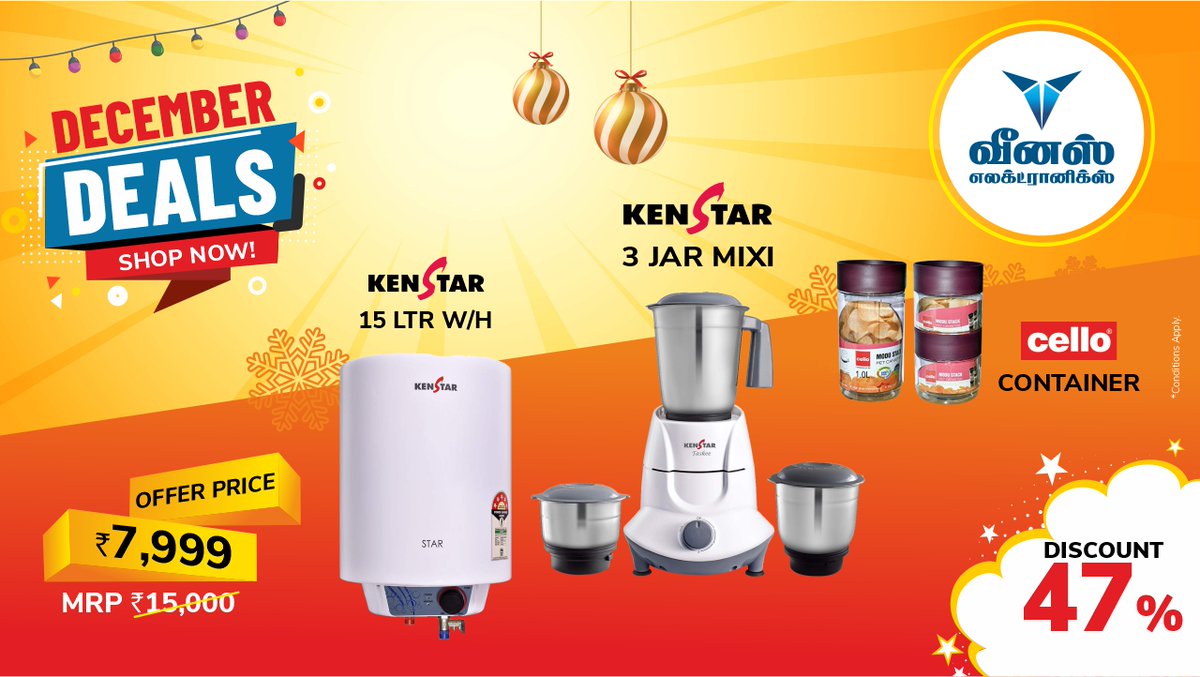 VenusForValue's tweet photo. DECEMBER DEALS SHOP NOW OFFER  By Venus Electronics. KENSTAR 15 LTR WATER HEATER +MIXI + CONTAINER OFFER PRICE Rs 7,999 /- CALL 73730 60000 or Visit our nearest branch or Buy Online at https://t.co/igs00Aq9jU https://t.co/X0UF59db92