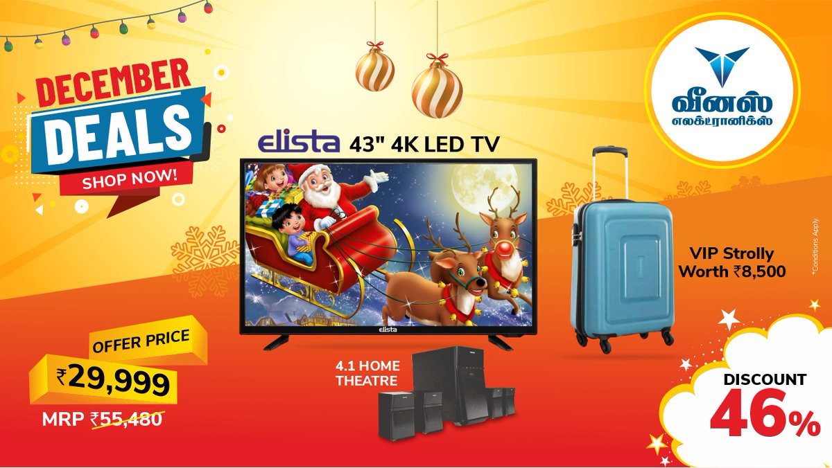 VenusForValue's tweet photo. DECEMBER DEALS SHOP NOW OFFER  By Venus Electronics. ELISTA43 " Android Led tv +VIP STROLLY +HOME THATRE  OFFER 
PRICE Rs 29,999 /- CALL 73730 60000 or Visit our nearest branch or Buy Online at https://t.co/igs00Aq9jU https://t.co/Mn790l2Poh