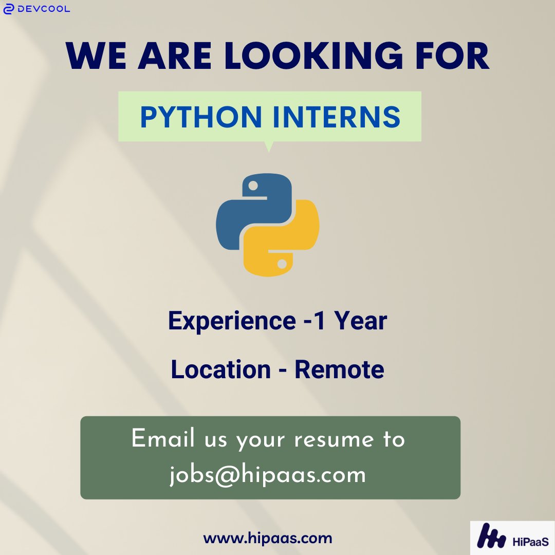 DEVCOOLINC's tweet photo. We are #Hiring Python Interns – multiple opportunities, fully remote, anywhere in US. Apply now by sending your resumes to jobs@hipaas.com
#hipaas #interns #Python #Hiring #HIRINGNOW #healthcare #healthcarejobs #job https://t.co/8z1mVUlOmE