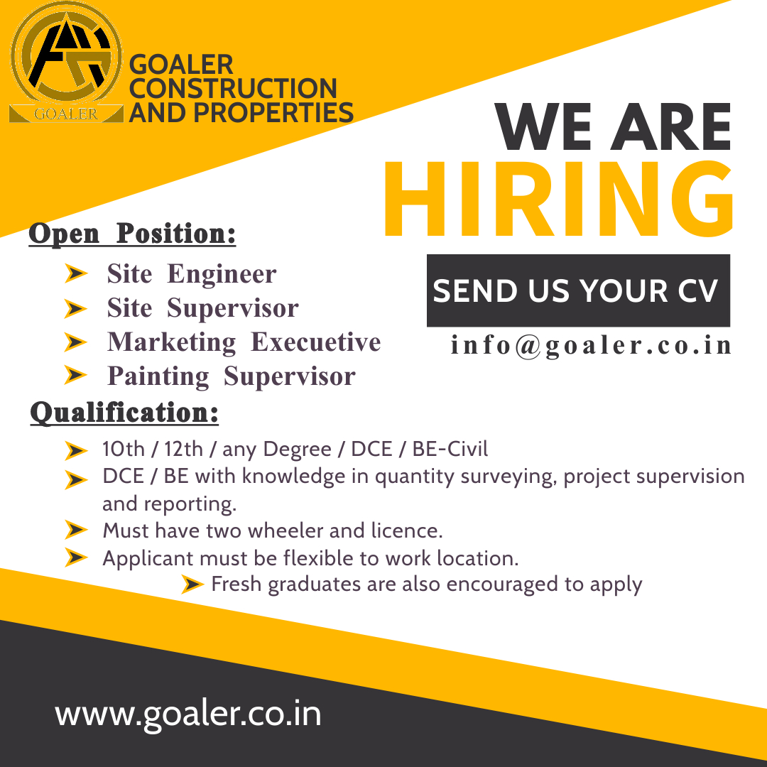 GoalerConstruct's tweet photo. Job opening for Fresher / Experience  #jobvacancy #CivilEngineer #fresher #Siteengineer #sitesupervisor https://t.co/laK4xnONLc