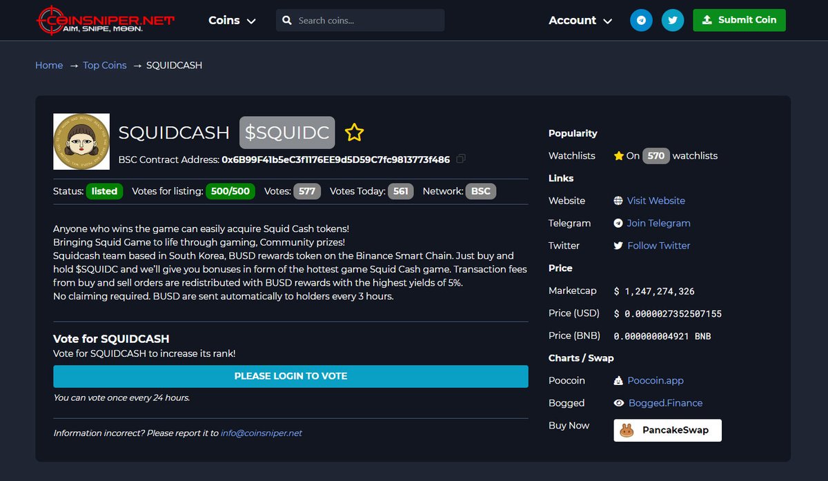 squidcash_info's tweet photo. We were listed on CoinSniper.
https://t.co/fnlKuCrdS4 https://t.co/luCsK8ODBC