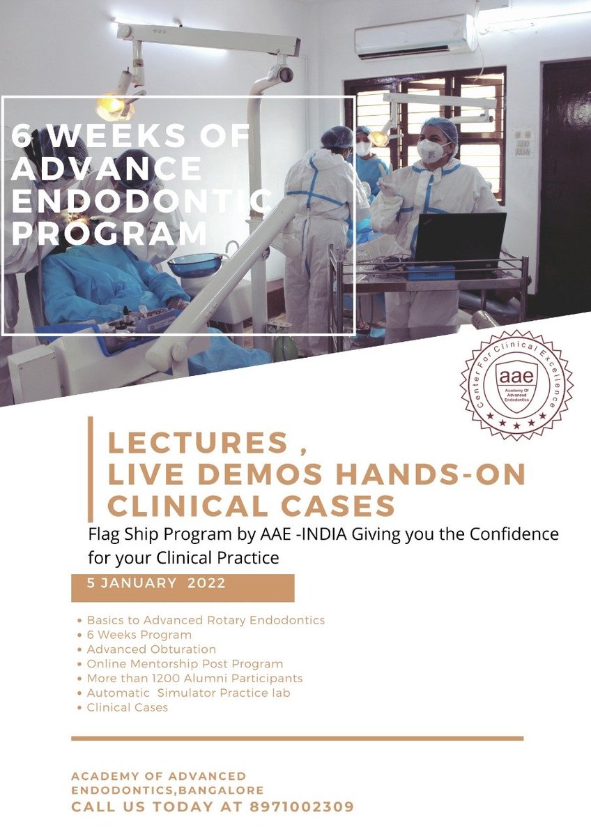 AAEINDIA's tweet image. 6 Weeks Of Advanced Endodontic Program 
Basic endo to Advance Rotary ... Including Aesthetic and Prostho Module... 
Starting Date : 5th January 2022 
Place - AAE INDIA ,Bangalore 
Contact details : 8971002309 

#aaeindia #aae #aaeskillprogram