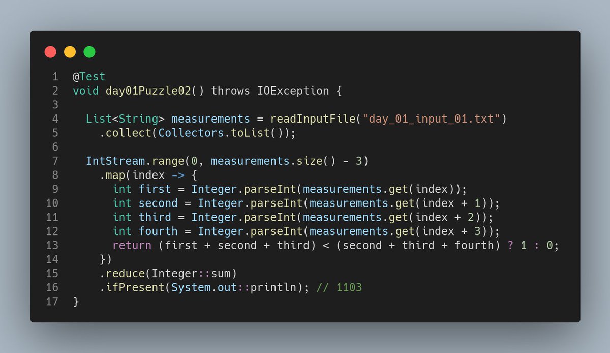 Hugo_view's tweet image. I just completed "Sonar Sweep" - Day 1 - Puzzle 2- Advent of Code 2021 adventofcode.com/2021/day/1 #AdventOfCode #Java11 #ApiStream #FunctionalProgramming