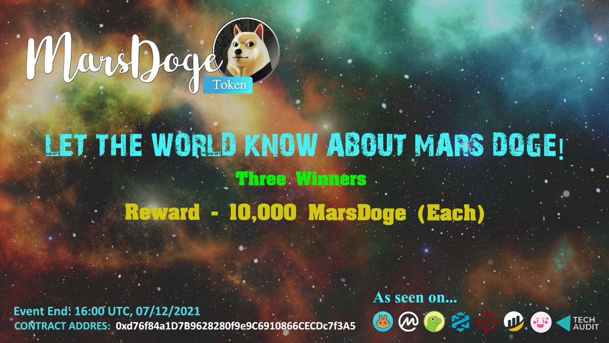MarsDogeToken's tweet photo. 📣 Spread a nice message about MarsDoge on Twitter in a creative way and get rewarded!

The posts that get the most likes, shares, and comments will be selected and rewarded.

Please drop a screenshot of your post to https://t.co/B9mToplMLC at the end of the event. https://t.co/52i8plpA0c