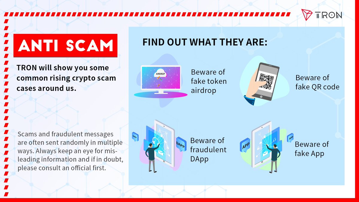 🧐#TRON will show you some common rising crypto scam cases around us.

👀Scam messages are often sent randomly in multiple ways. Always keep an eye for misleading information, and if in doubt, please consult an official first.

Find out what they are👇: