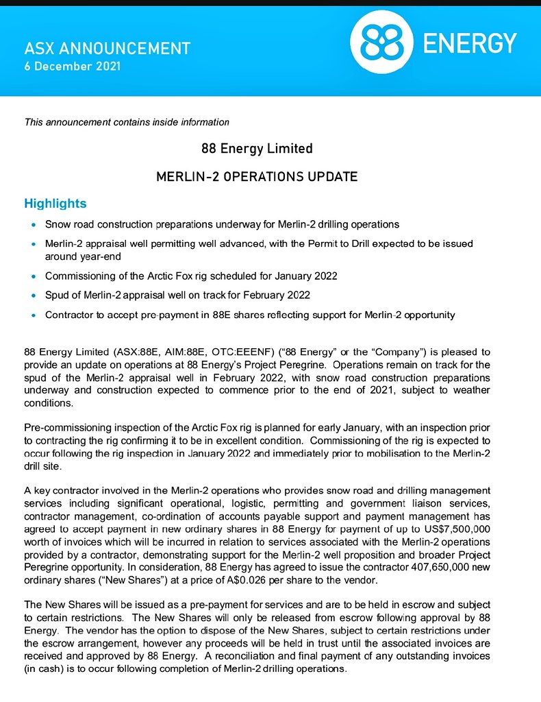 Nico280384's tweet photo. Preparation of the roads and issuance of the drilling permit normally before the end of 2021... #Merlin2 is on track.  To this we also add an entrepreneur who is paid in action which is just a shame is that these will be new shares issued ... $EEENF #88E #Merlin1 #Merlin2 https://t.co/d46k67xUvS