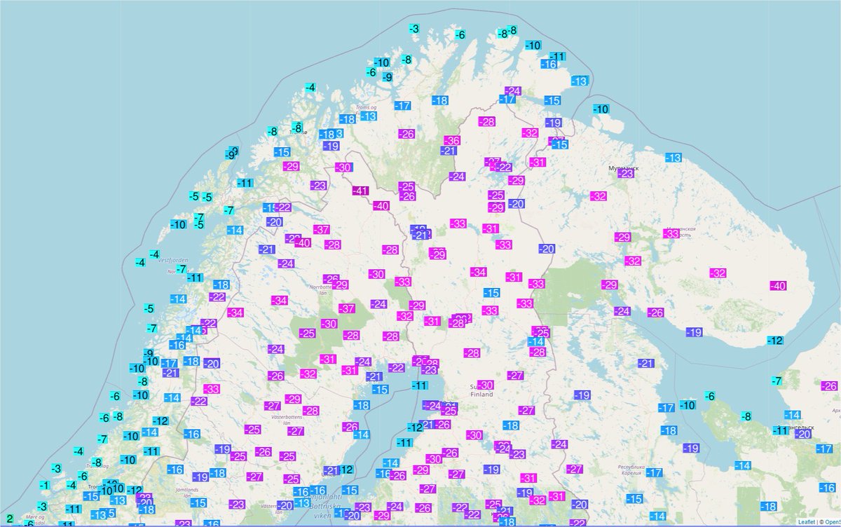 Le froid s'est encore renforcé en Scandinavie sous des conditions anticycloniques avec près de -41°C (-40.7°C) à Naimakka (municipalité de Kiruna en #Suède). Valeur assez remarquable pour décembre (record mensuel à -41.8°C).
Près de -40°C également à Nikkaluokta et Karesuando. 