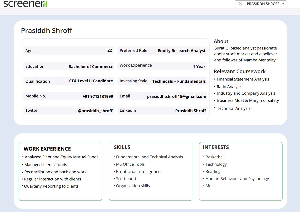 PrasiddhShroff's tweet photo. I am seeking a job as an Equity Research Analyst, I had appeared for CFA L2 exam in Nov'21 (Results awaited)

Have always been a huge fan of @screener_in @faltoo and @tradingview and got inspired to make my Resume based on these 2 amazing websites. 

Pls retweet for more reach https://t.co/Szq1CjA7Vd