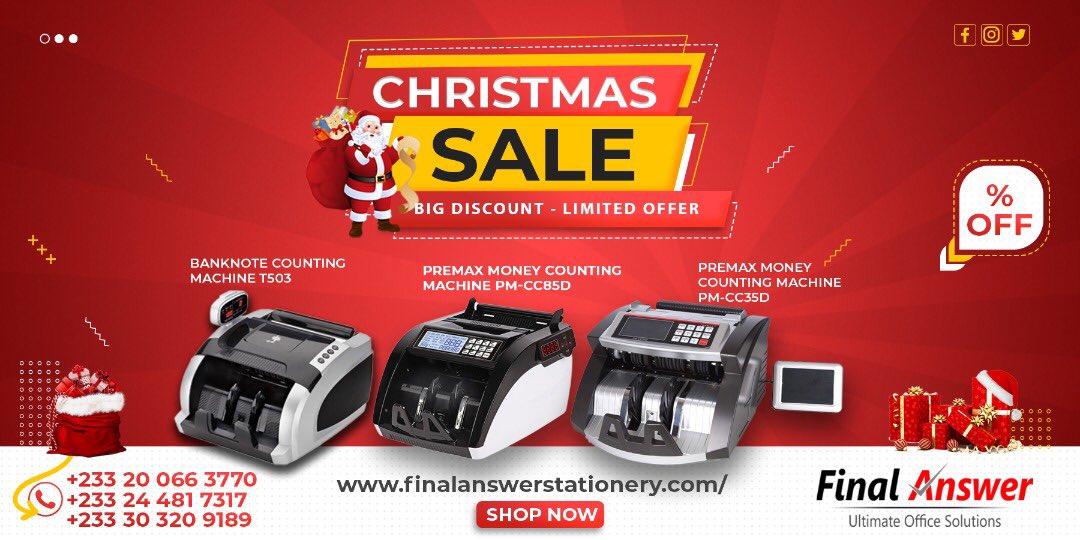 FinalStationery's tweet photo. Your chance to own a money counting machine for your business or private use is here.

Our Christmas sales promo is still on, get big discounts on selected products.

Don't miss this opportunity!!!

☎️Call us on 024 481 7317 or Send a DM to place an order.

Zubeiru Ibrahim
Kidi https://t.co/urLDdeB7Dt