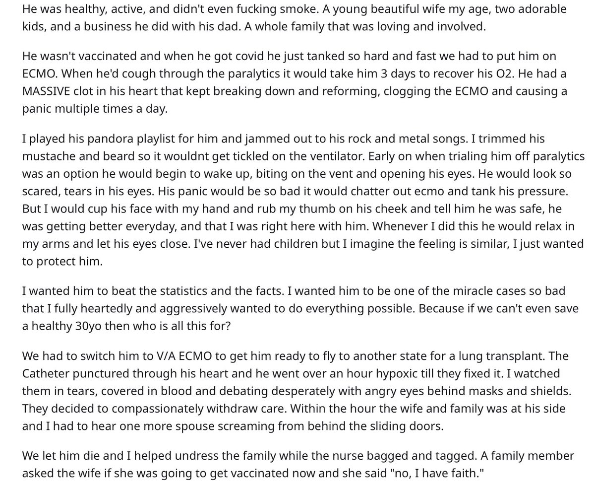 kurteichenwald's tweet photo. The story from a nurse of a failed attempt to save a 30 year old, otherwise healthy man with COVID. Married, father of two. Died a torturous death. But the most horrifying words are in the last sentence. It is a gut punch. For Gods sake. Get vaccinated. https://t.co/qYwkegYUzi
