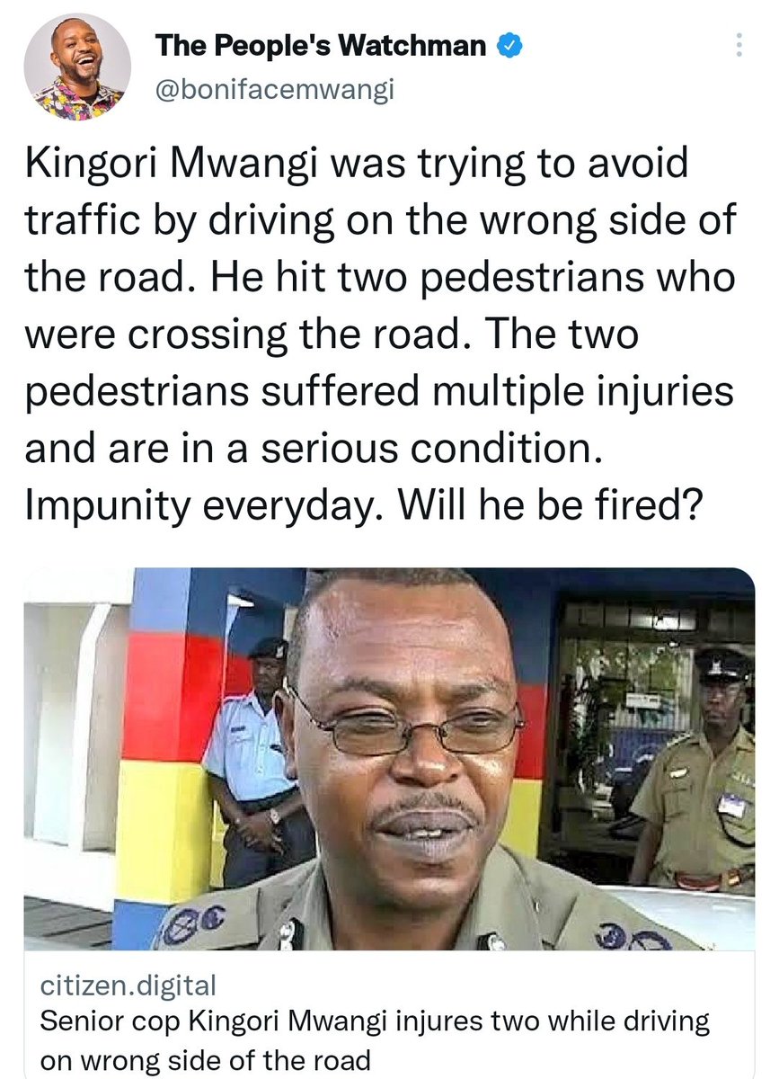 Bwana Mutyambai.
Welcome to #EngageTheIG
We know you want to postpone it!
Police and their children seem to be developing an appetite for drunk/& disorderly driving and shedding blood on the road.
How are you intending to reduce such bloodthirsty incidents by your own?
Thanks.