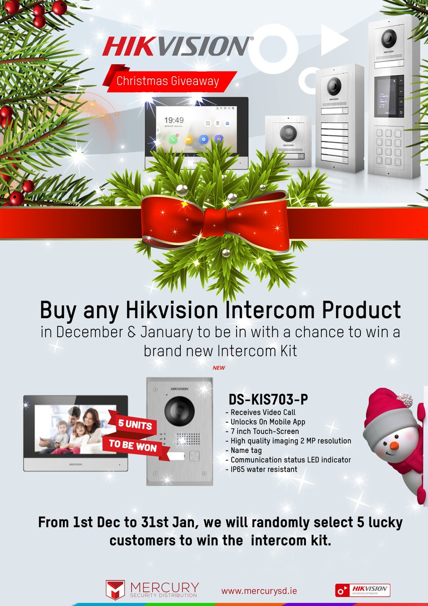 MercurySecD's tweet photo. We are delighted to announce that we are giving away 5 @HIKVISIONUK Video intercom kits over Christmas. All customers who purchase any Hikvision Intercom product in December &amp; January will be automatically entered to the draw. Happy Hikmas! https://t.co/Di4gFgJV6K