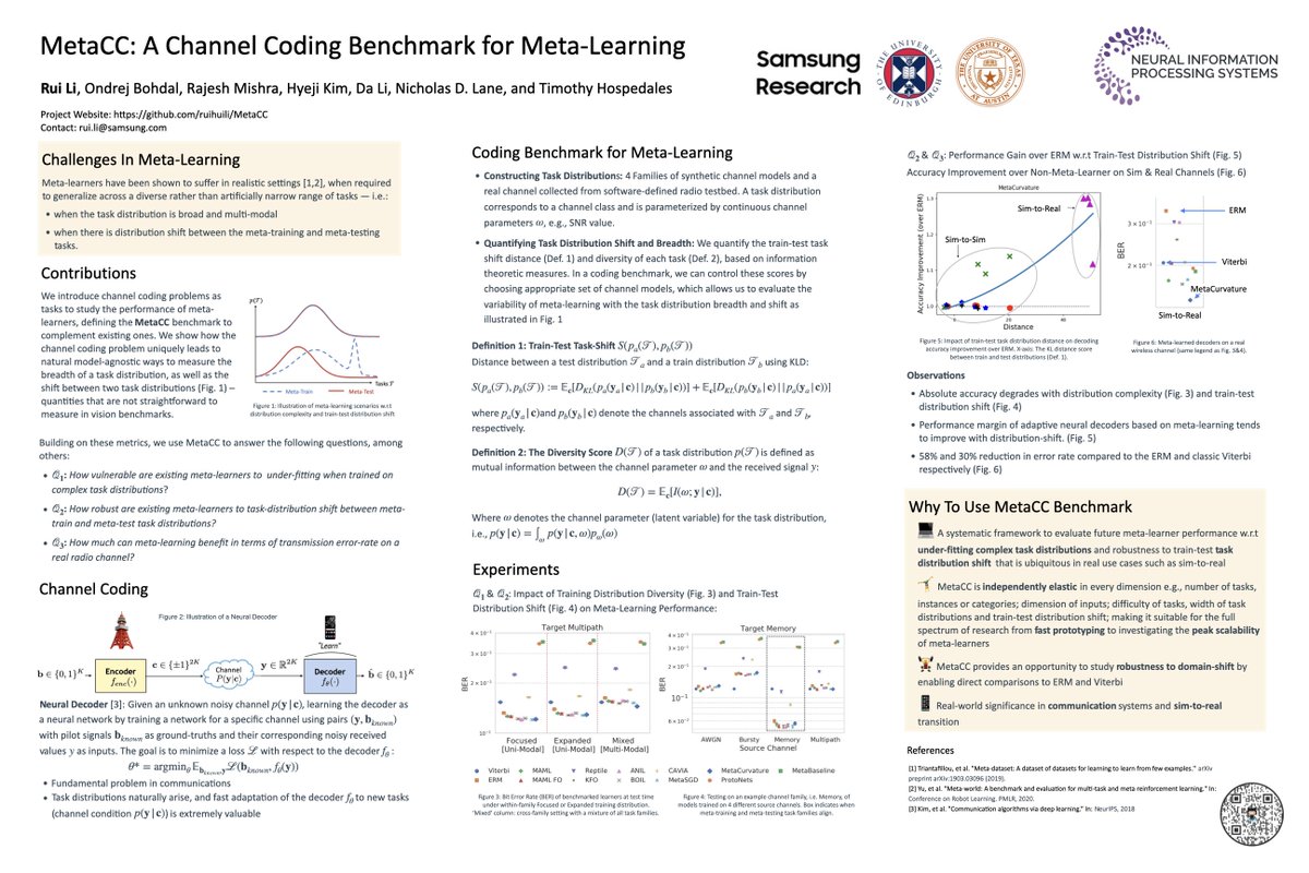On this Friday, I will present our paper ‘A Channel Coding Benchmark for Meta-Learning’ at #NeurIPS2021 Benchmark and Dataset Track. Checkout the preprint at: arxiv.org/abs/2107.07579 Credits to: Ondrej Bohdal, Hyeji Kim, Rajesh Mishra, Da Li, Nicholas Lane, and Timothy Hospedales