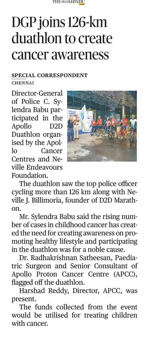 ApolloD2d's tweet photo. Truly an inspiration to many people!

Director General of Police (DGP), C. Sylendra Babu , participated in #ApolloD2D and cycled 126 kms in 6 hours to raise support for childhood cancer treatment.

@njbilimoria

#Duathlon #Cycling #Running
#SaveALife https://t.co/rl10A9SCHC