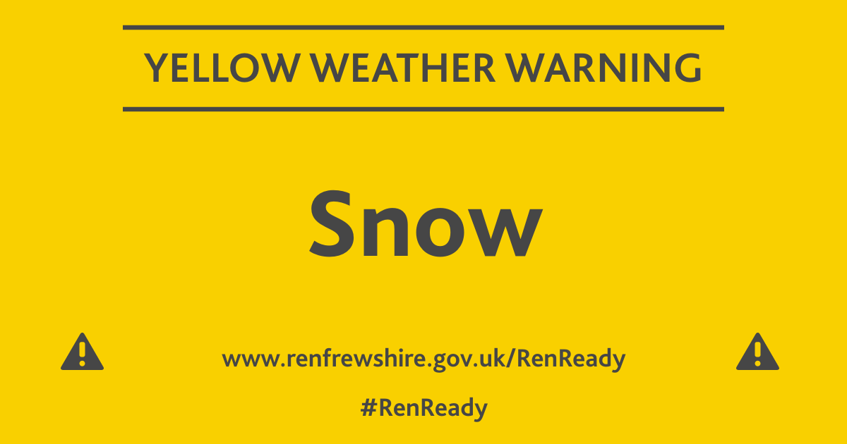 RenCouncil's tweet photo. The @metoffice have issued a yellow warning for snow for tomorrow (7 December)🌨️
Please prepare in advance #RenReady https://t.co/9AJ57Oi0v5