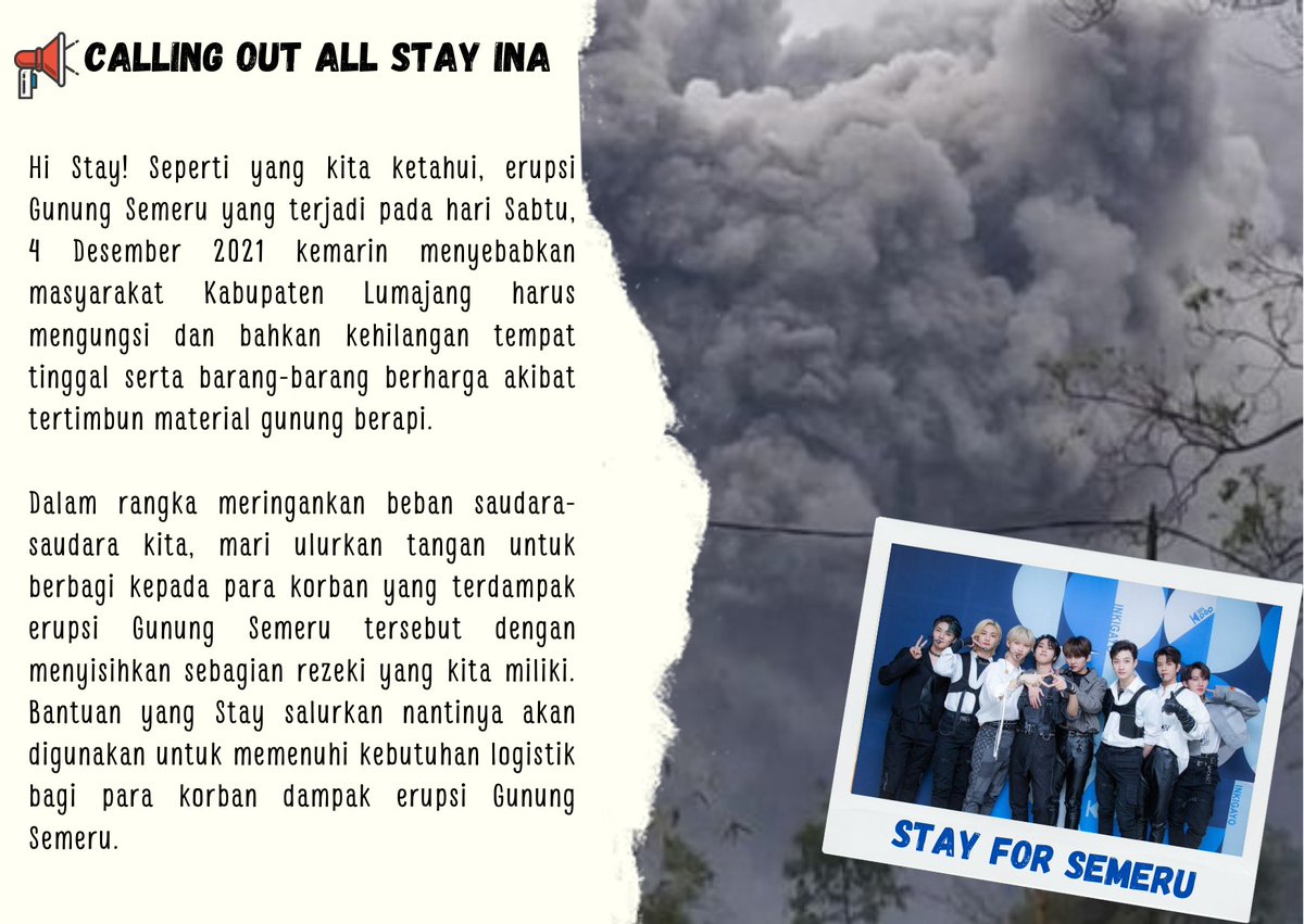 felbiex_'s tweet photo. ❗ STAY INA STOP SCROLLING + HELP RT ❗

Hi Stay! Dalam rangka meringankan beban para korban dan pengungsi dampak erupsi Gunung Semeru, project kecil ini akan menjadi wadah berdonasi bagi teman-teman Stay yg ingin membantu mengulurkan tangan bagi saudara-saudara kita 😊 https://t.co/U6fG2aP4s1