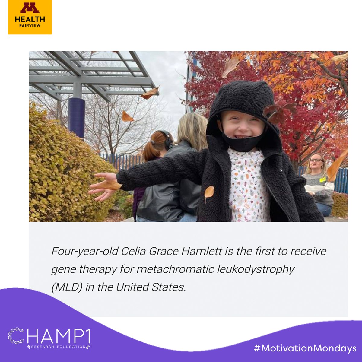 CHAMP1Research's tweet photo. This article from @MHealthFairview motivated our CHAMP1 community: Four-year-old Celia Grace Hamlett is the first person in the US to receive life-saving gene therapy for MLD. Check the full article here: (https://t.co/jS1Y3JoxCs)  #MotivationMondays #Rare #Genetherapy https://t.co/E5XGiyPTOn