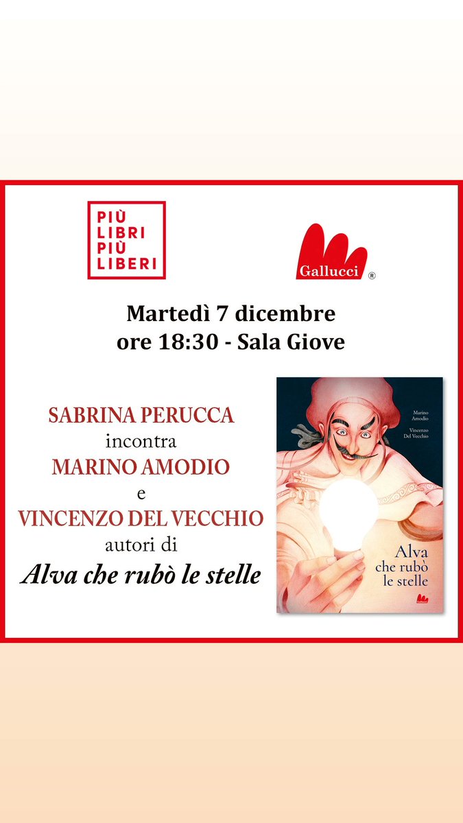 Vi aspetto domani a Più Libri più Liberi per la presentazione di di "Alva che rubò le stelle" di Marino Amodio e Vincenzo del Vecchio, Gallucci Editore.
"Una riflessione piena di stupore e meraviglia sul conflitto tra poesia, natura e progresso". 

plpl.it/event/alva-che…