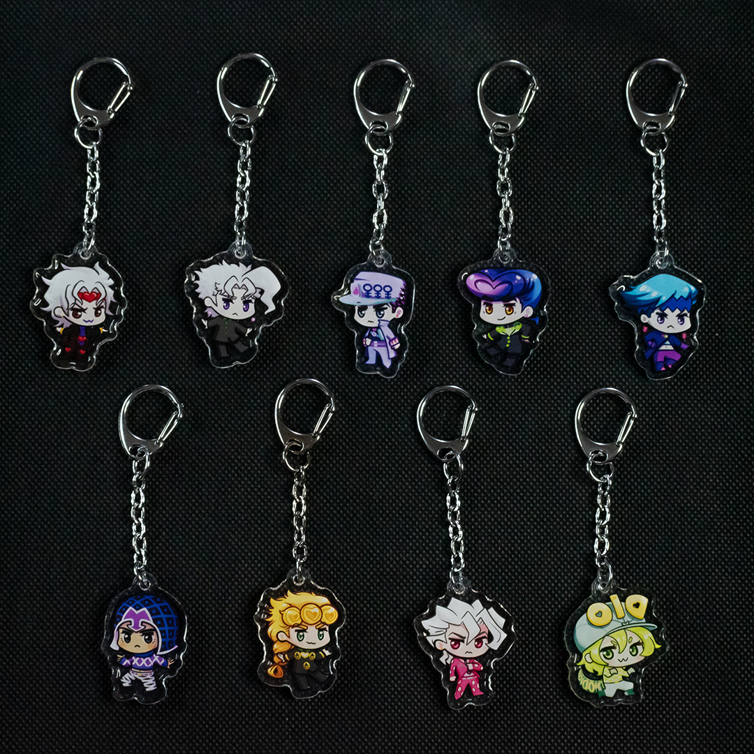 PointlessMuvu's tweet photo. Look at all these Jojo keychains now available in my new online SHOP! https://t.co/Rk6kFo1s2o
Which one is your favorite? 
And what other characters would you like to see as keychains?
#jjba #jjbafanart https://t.co/yyva7hiyPq