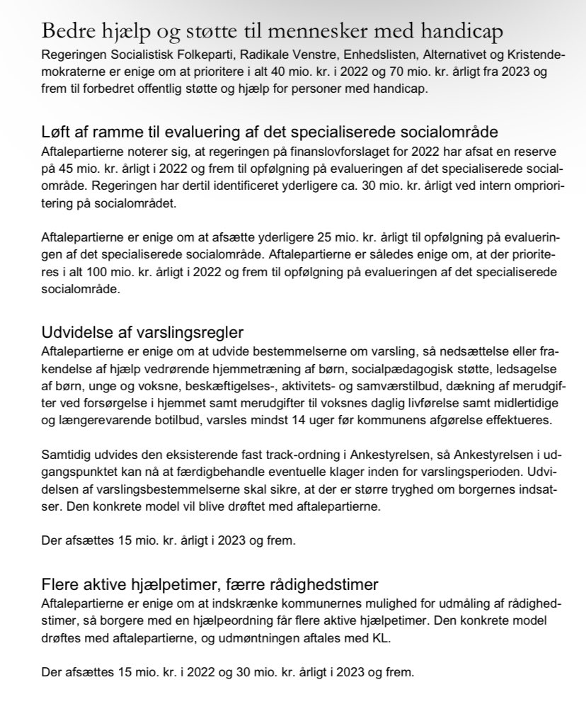 FL22 udvider servicelovens 14-ugers varsling til paragraffer med stor betydning for mennesker med udviklingshandicap. Tak for det. 100 mio årligt til opfølgning på evalueringen er et skridt i den rigtige retning. Men langt igen - det skal reform-forhandlinger efter nytår sikre.