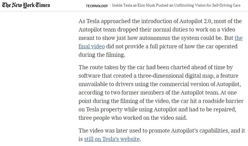 crtrud's tweet image. Hell of an anecdote in @cademetz and @nealboudette&apos;s deep dive into the evolution of Tesla Autopilot and FSD.

Tesla 3D-mapped the route taken for a hype video released in 2016. A collision with a roadside barrier was left on the cutting-room floor. nyti.ms/2ZWtlV2
