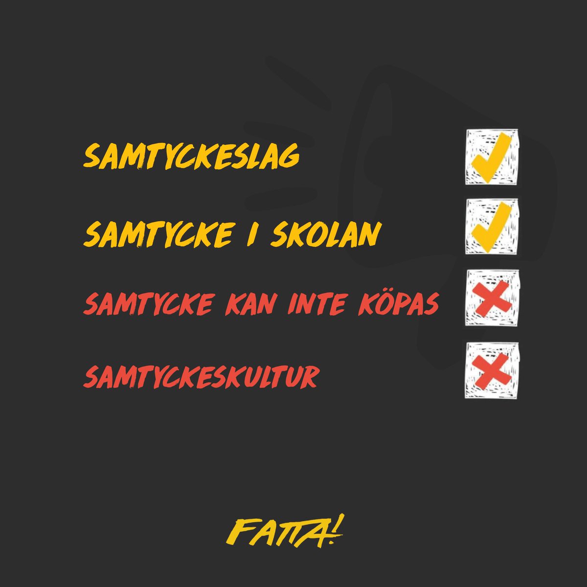 ❌Vår checklista är inte klar! Visa att du också fattar att samtycke ska finnas i alla rum genom att bidra och sprida vår julinsamling. Vi kan bara checka av listan tillsammans, samtycke kan inte köpas! Till julinsamlingen ➡️ : facebook.com/donate/4575820…
#Samtyckeskultur