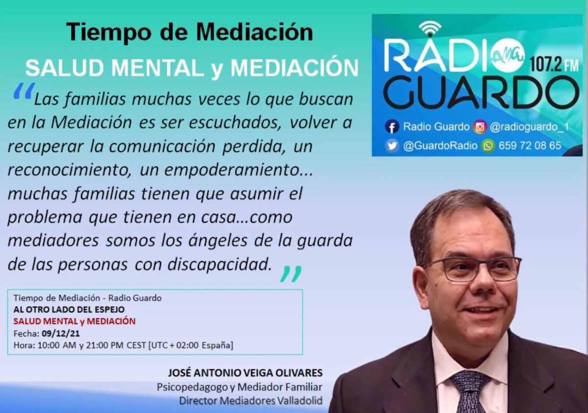 Próximo jueves 8 de diciembre en Radio Guardo, en el programa “Tiempo de mediación” hablando de “Salud mental y mediación.”
Gracias  Andrés Vázquez <a href="/AlenMediaGroup/">Andrés Vázquez</a> por tu invitación