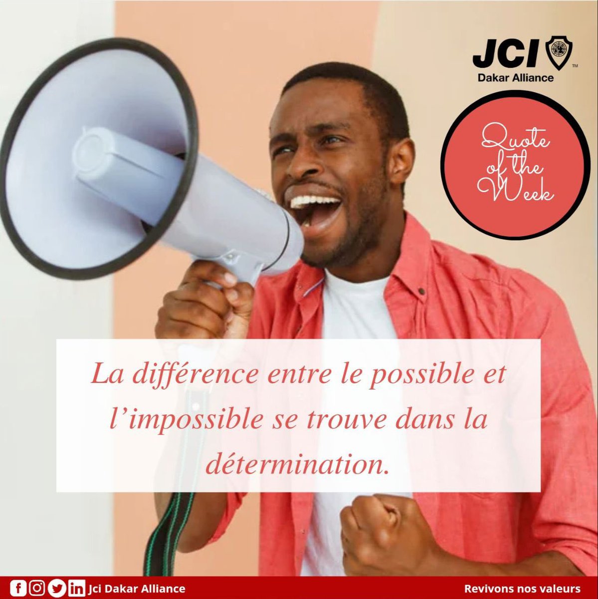 JCIDAlliance's tweet photo. Détermination, Motivation on ne cesse de garder la pêche 💪🏽.
Agréable semaine à tout un chacun 😍
#JciDakarAlliance #RevivonsNosValeurs #QuoteOfWeek #JCI #RiseWithJci https://t.co/VSneJLuy5E