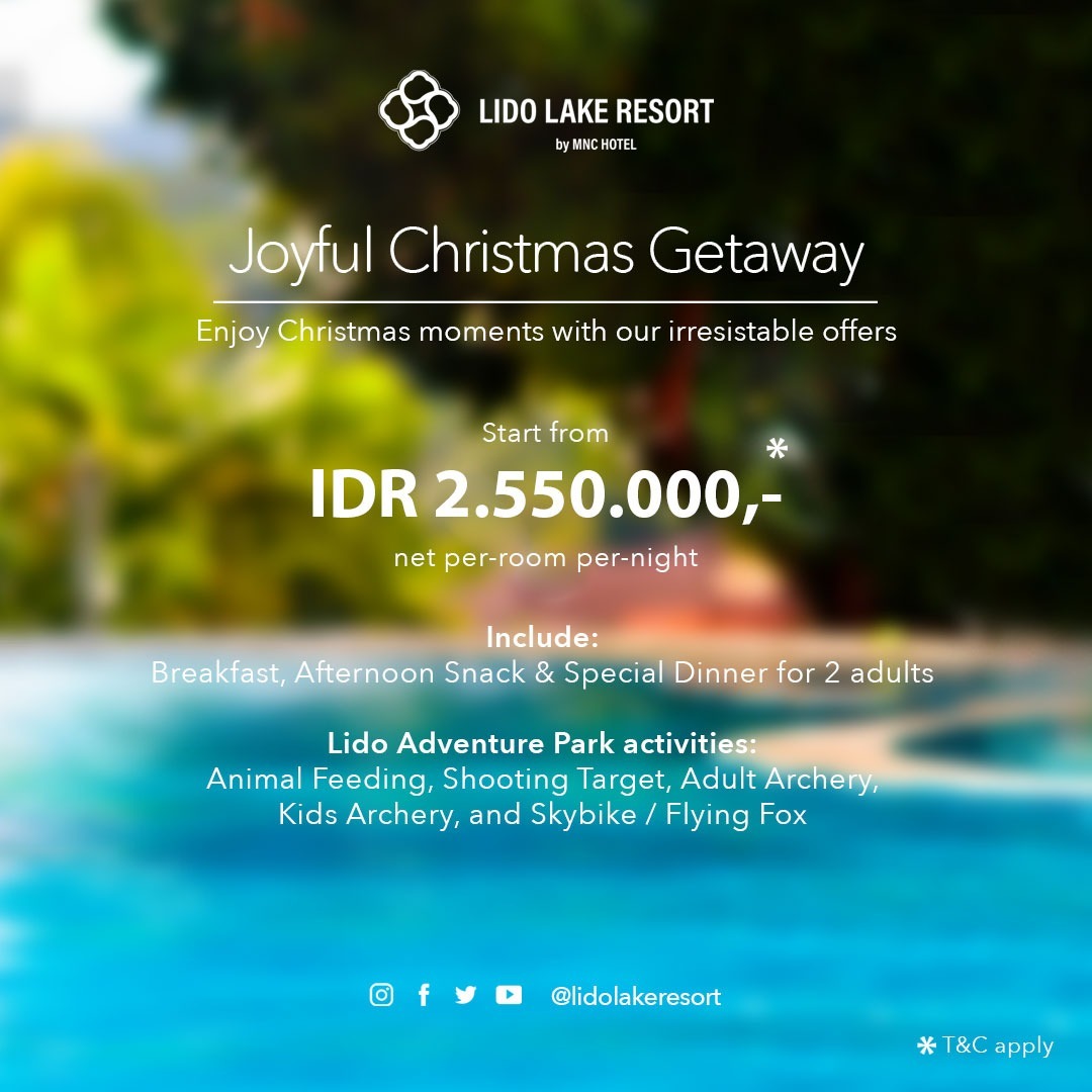 okezonenews's tweet photo. Rayakan momen Natal Anda dengan penuh kebersamaan orang terkasih di Lido Lake Resort hanya dengan Rp 2.550.000,- net/room sudah termasuk sarapan dan makan malam serta wahana seru di @lidoadventurepark. Untuk info lebih lanjut atau reservasi hubungi 0251 822 0922.

#PLLRNatal https://t.co/QFO6AltVMy