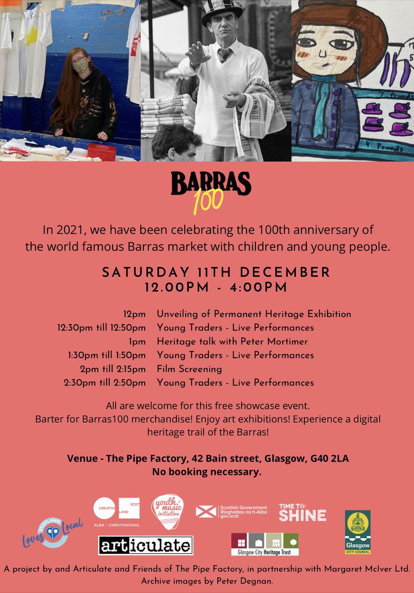 barras100fest's tweet photo. All are welcome this Saturday at the Barras100 showcase event! Sword swallower, strong man, unbreakable plates and towel stalls are all recreated by young people from @StMungosAcademy. @GlasgowHeritage @TrustCultural  @CreativeScots @barrasmarket  @stmungo_library https://t.co/61JFN4QrxN
