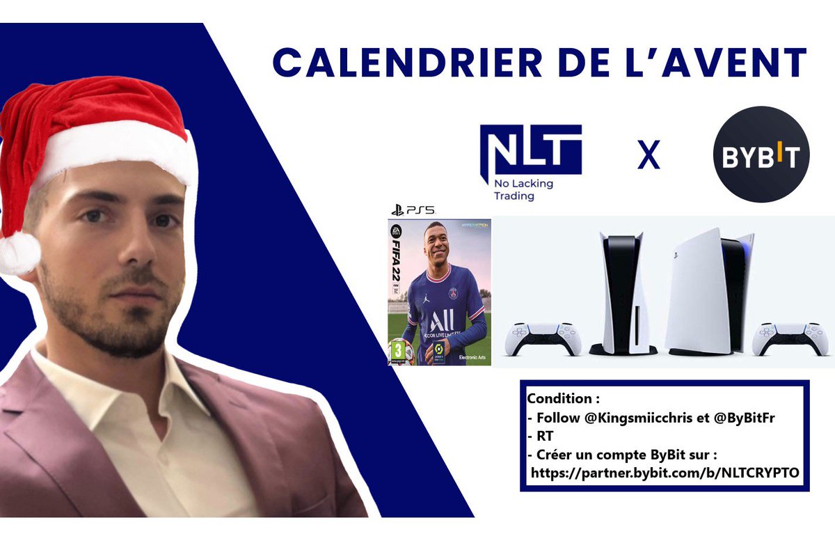 ChrisSmiiic's tweet photo. 🎅 Calendrier de l’avent J-1🎅
Du retard sur les autres, mais on arrive avec mieux.
A gagner : Une PS5 + 2 manettes + FIFA 22.
Condition 🎄 :
- Follow @KingSmiiicChris &amp; @BybitFr 
- RT 
- créer un compte Bybit sur https://t.co/WVQrSbvtFp
TAS : 07/12 à 10h 🕙 https://t.co/rAPLvnHDco