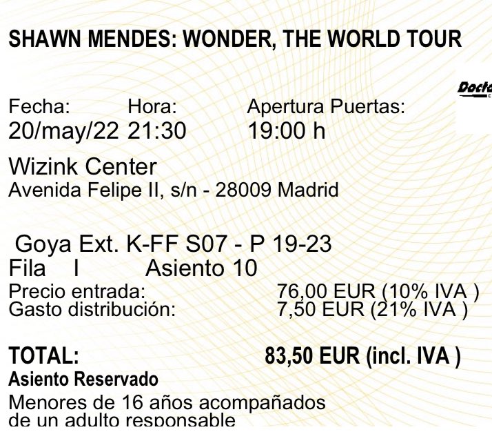 fearlessmarioo's tweet photo. VENDO ENTRADA PARA SHAWN MENDES EN MADRID ‼️‼️

-Es Goya Ext. K-FF S07 - P 19-23 
Fila I Asiento 10, se ve muy desde ahí
- La vendo al mismo precio que me costó 83'50€ #ShawnMendes #WonderTheWorldTour 🤍 https://t.co/hAEPYrHch4