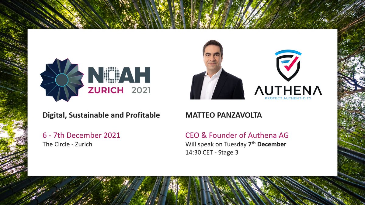 AuthenaAG's tweet photo. We are excited to be at the @NOAHConference 2021!

If you want to make the world a more connected, transparent and authentic place, reach out @MatPanzavolta and Roman Kocemba.

#noahconference #sustainability #protectauthenticity #anticounterfeiting #iot #blockchain https://t.co/sXoFURcgqn