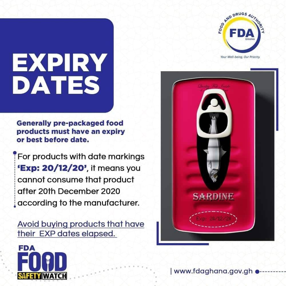 fdaghana's tweet photo. Always check for date markings on the products you buy. Avoid buying products that have their EXPIRY DATE, BEST BEFORE DATE or SHELF LIFE elapsed or due. Ensure that you and your loved ones are protected from any foodborne illness this festive season. 
#foodsafety #FDAGhana https://t.co/IRVS1E8eCg