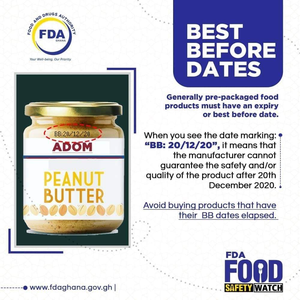 fdaghana's tweet photo. Always check for date markings on the products you buy. Avoid buying products that have their EXPIRY DATE, BEST BEFORE DATE or SHELF LIFE elapsed or due. Ensure that you and your loved ones are protected from any foodborne illness this festive season. 
#foodsafety #FDAGhana https://t.co/IRVS1E8eCg