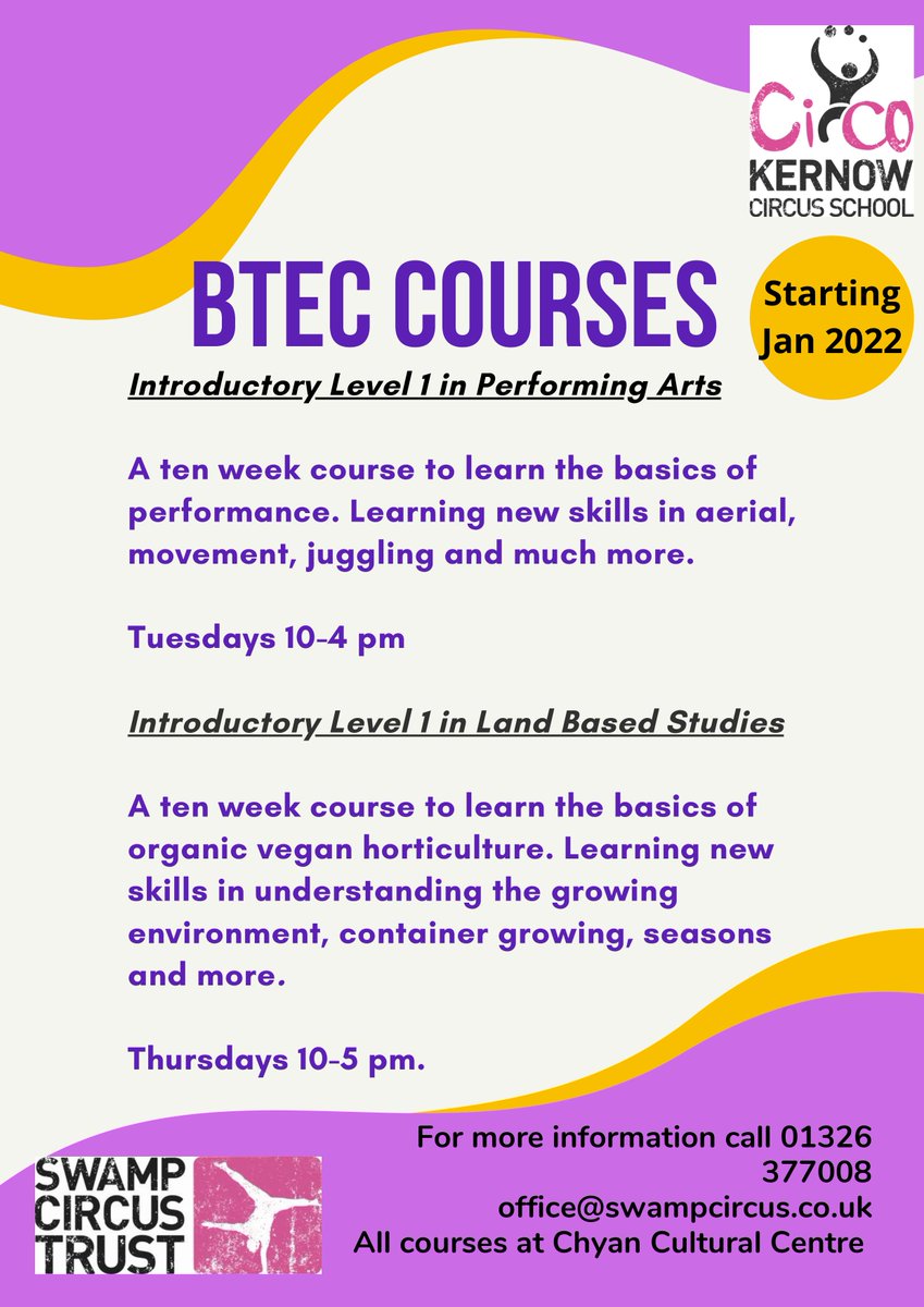 Two new courses starting in January! Funding available for anyone out of work, training or education.
office@swampcircus.co.uk
01326 377008