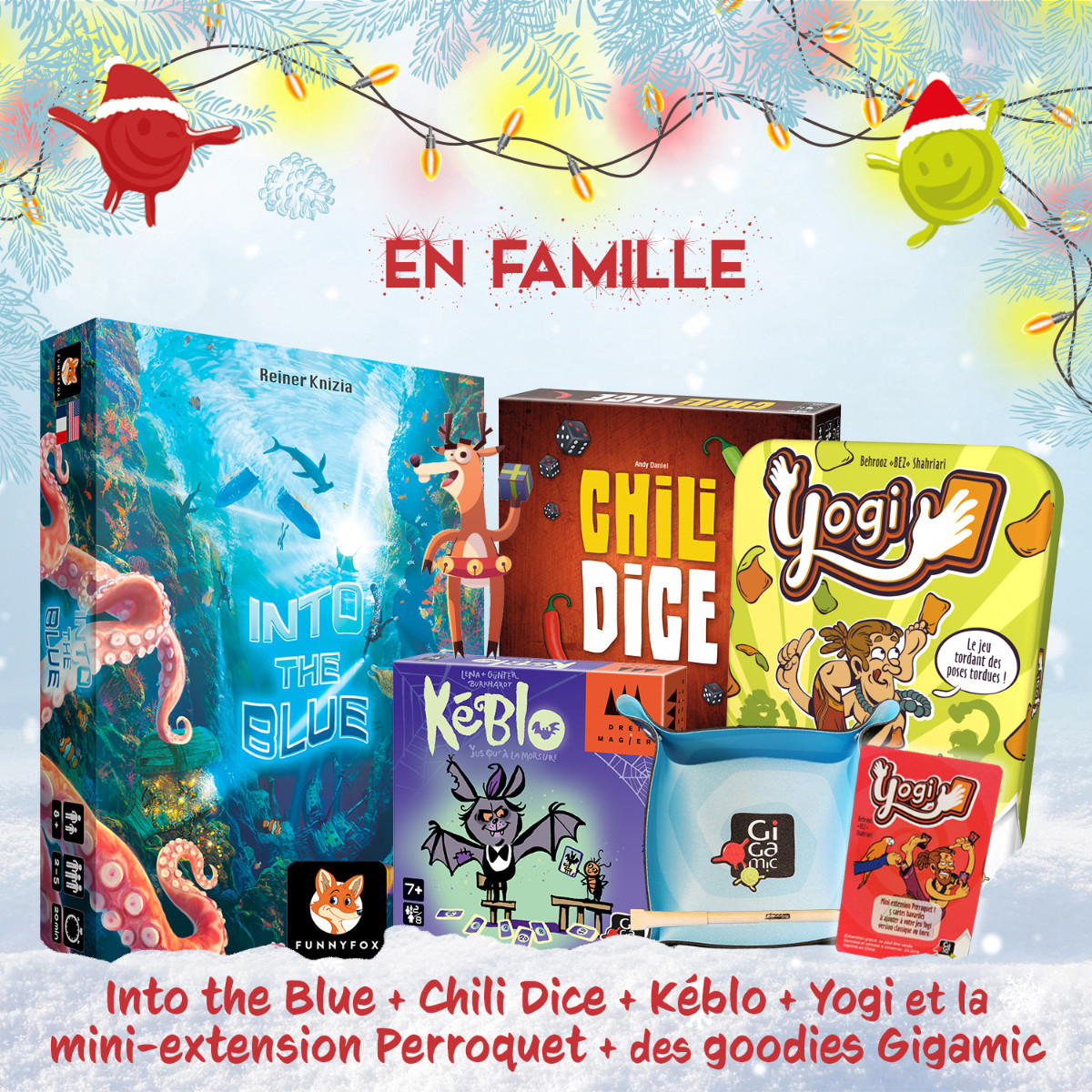 Gigamic's tweet image. 🎁S2 - Gigalendrier de Noël🎄

Et si vous égayiez vos repas de famille avec une sélection de #j2s à partager ?
À gagner : #IntotheBlue #ChiliDice #Yogi #Kéblo et des #goodies inédits ! 🎅

Pour participer
➡️ Follow @Gigamic et @FunnyfoxGames 
➡️ RT ce tweet avant le 12/12 minuit