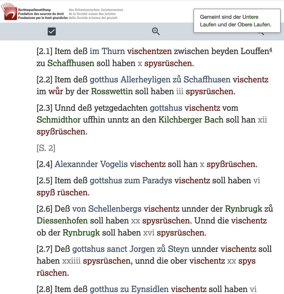 Wieviele Reusen verträgt der Fischbestand im Oberrhein? Anfang des 16. Jahrhunderts wussten die Städte Diessenhofen, Schaffhausen und Stein am Rhein dies ganz genau! Zwischen dem Wangemer Horn (heute D) am Untersee und dem Rheinfall waren genau 143 Reusen erlaubt. (SSRQ SH I/3)