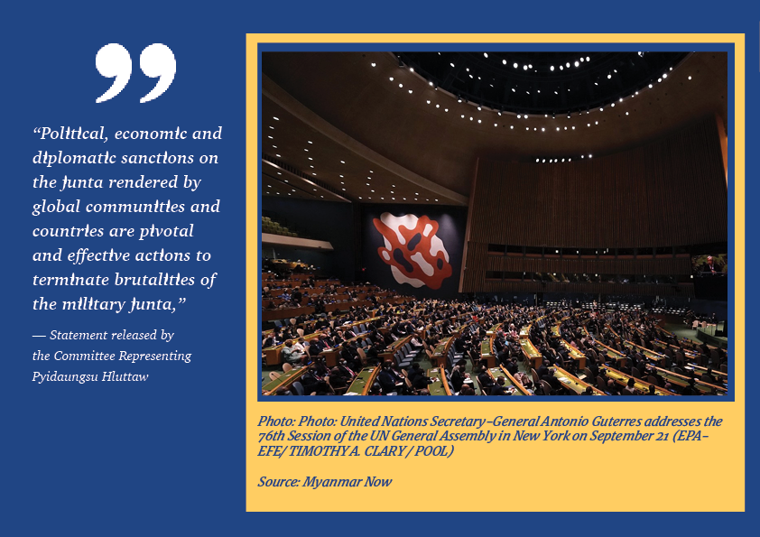 NDBurma's tweet photo. As 10 months pass since the failed coup, it remains undisputed that civilians have what the junta lacks -  a moral compass propelling them forward. The intl community &amp; UN must declare the junta a terrorist organization. More in weekly update: https://t.co/706yIORi3h https://t.co/aDu3XCVCBV