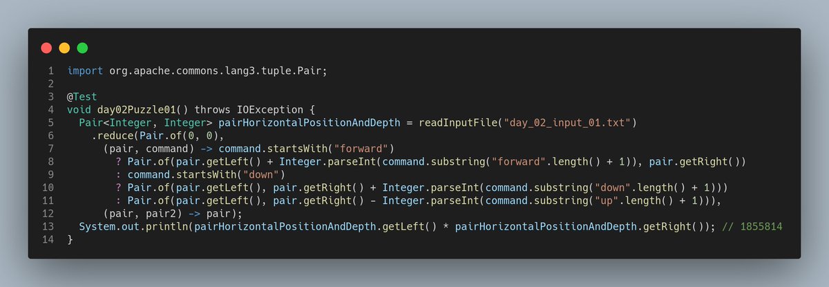 Hugo_view's tweet image. I've completed Part One of "Dive!" - Day 2 - Advent of Code 2021 adventofcode.com/2021/day/2 #AdventOfCode #Java11 #ApiStream #FunctionalProgramming