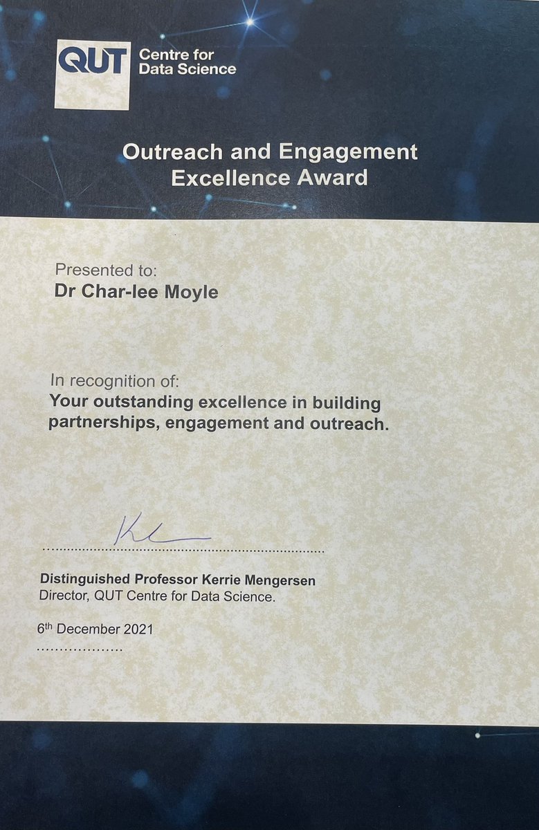 charleemclennan's tweet photo. Honoured to be awarded the Outreach and Engagement Excellence Award with @timothyjgraham for our work in the Social Systems Domain in the @QUTDataScience particularly for the #DecodeDatahon and #DataScienceforSocialGood programs 🥳 https://t.co/gmU6Bqa6hG