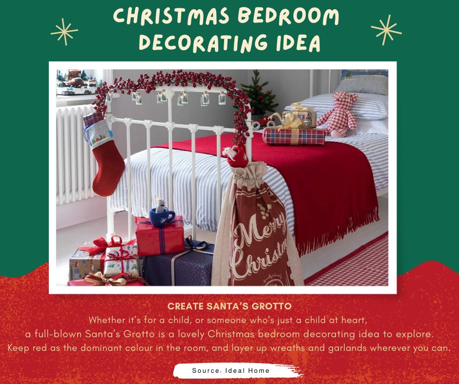 Regal_Estates's tweet photo. Christmas Bedroom Decorating Idea.

Create Santa's Grotto.

Whether it's for a child, or someone who's just a child at heart, a full-blown Santa's Grotto is a lovely Christmas bedroom.

Source Ideal Home https://t.co/Z3OXfr5LcL