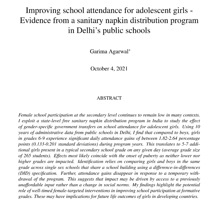 G_Agarwal90's tweet photo. Presenting my paper on school attendance and sanitary napkin distribution at 9:30am IST on Fri, 10 Dec at SERI-D (online)! Link ⬇️

This is SERI's first conf for Indian doctoral work and has a great lineup incl sessions on manuscript prep for pub by @sancharirm &amp; @Debasis37144717 https://t.co/CTTsPhSPTQ