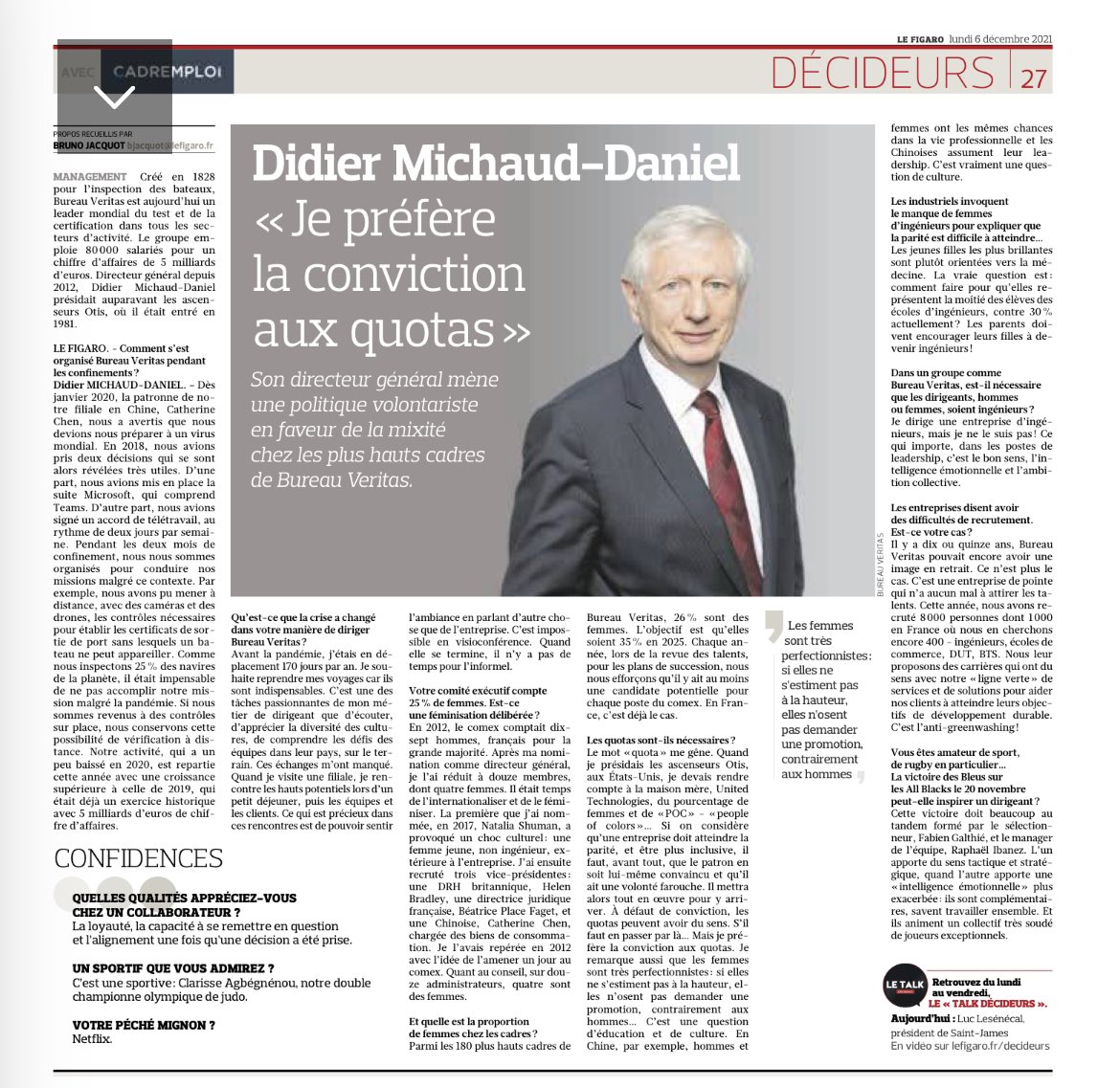 mcmaheas's tweet photo. Mixité femmes hommes: le volontarisme de @DidierMichaudDa à la tête de @bureauveritas = conviction, volonté farouche, plans de succession, repérage des hautes potentielles, revisite des fiches de postes… et quotas s’il le faut #CourageManagerial 👏 @1ElisaMoreno @egalite_gouv https://t.co/frPVTDQxdA
