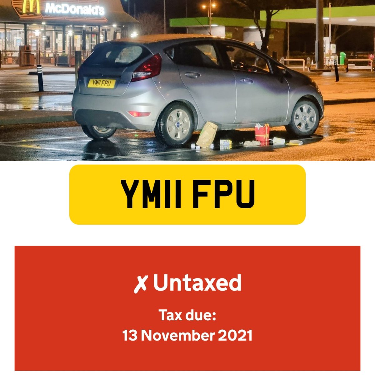 FrSpodo's tweet image. Speedy little girl racer tore into Whitehouse McDonalds, stuffed her face and dropped the crap out the window in ASDA carpark (05/12/21 23:43). Quelle surprise, no MOT. Little runt needs a clip round the ear @SuffolkPolice