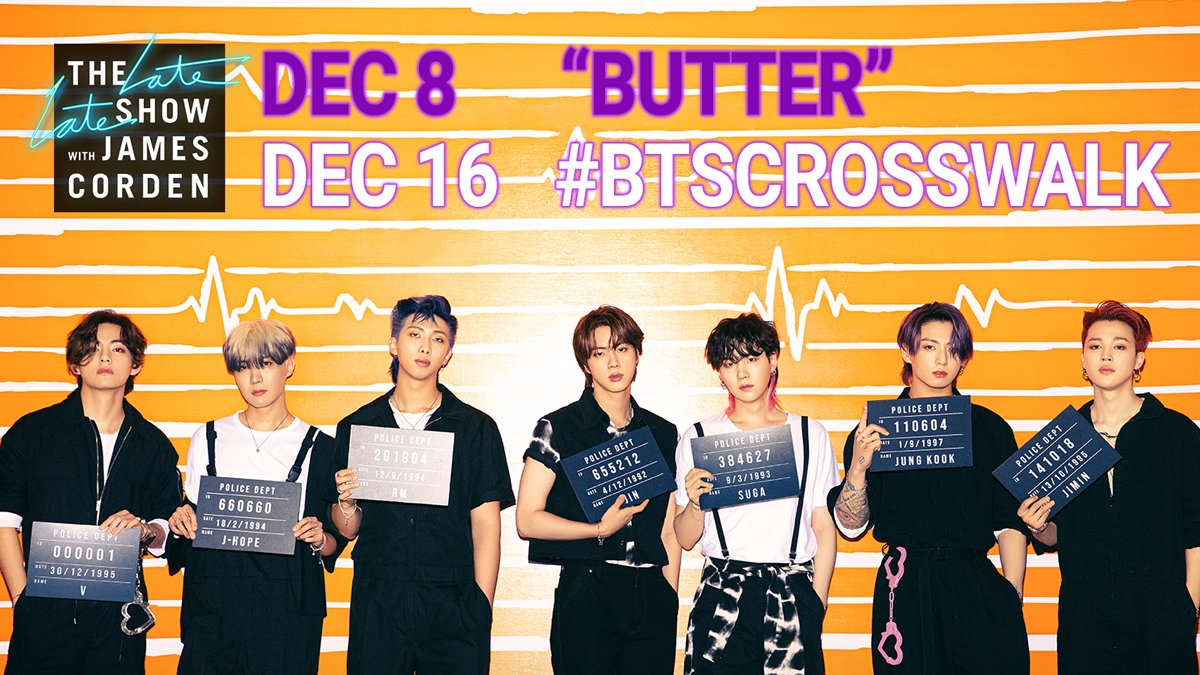 Thrilled to announce that this Wednesday an incredible @bts_twt performance of 'Butter' will be a part of the #LateLateShow's 1000th episode celebration! 🎉 But that's not all — we can also reveal that #BTSCrosswalk will air on December 16th! 💜