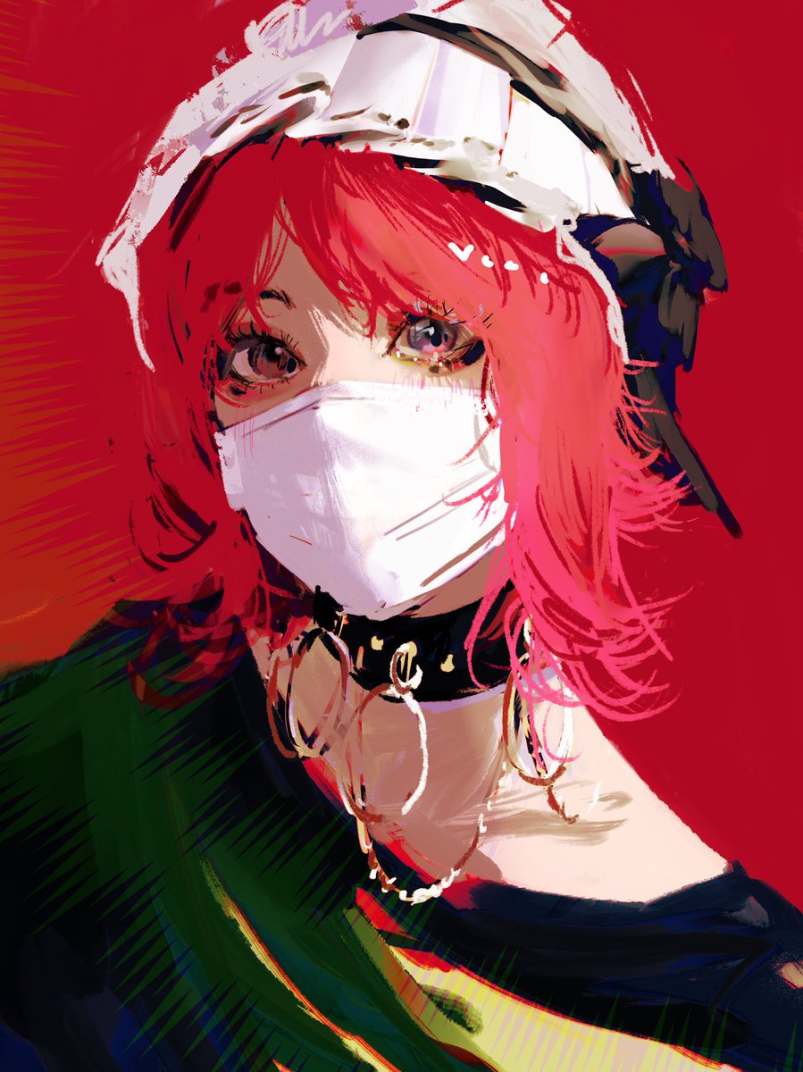 1girl solo mouth mask mask red background choker shirt  illustration images