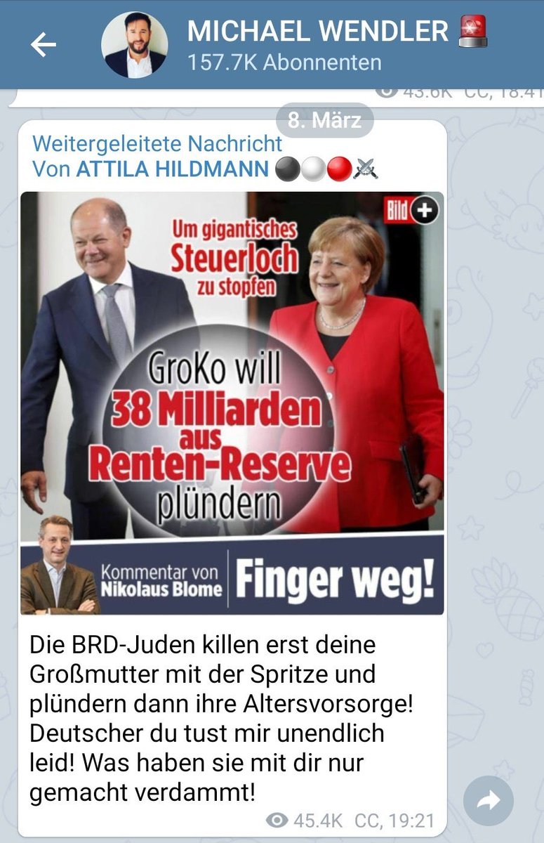 Michael #Wendler (ca. 150.000 Follower auf #Telegram) teilt die antisemitische Hetze des Nazis #AttilaHildmann. Ich gehe mal davon aus, Justiz, Politik und die berühmte „bürgerliche Mitte“ in #Deutschland werden darauf so reagieren wie bei #Hildmann. Gar nicht.

#Antisemitismus
