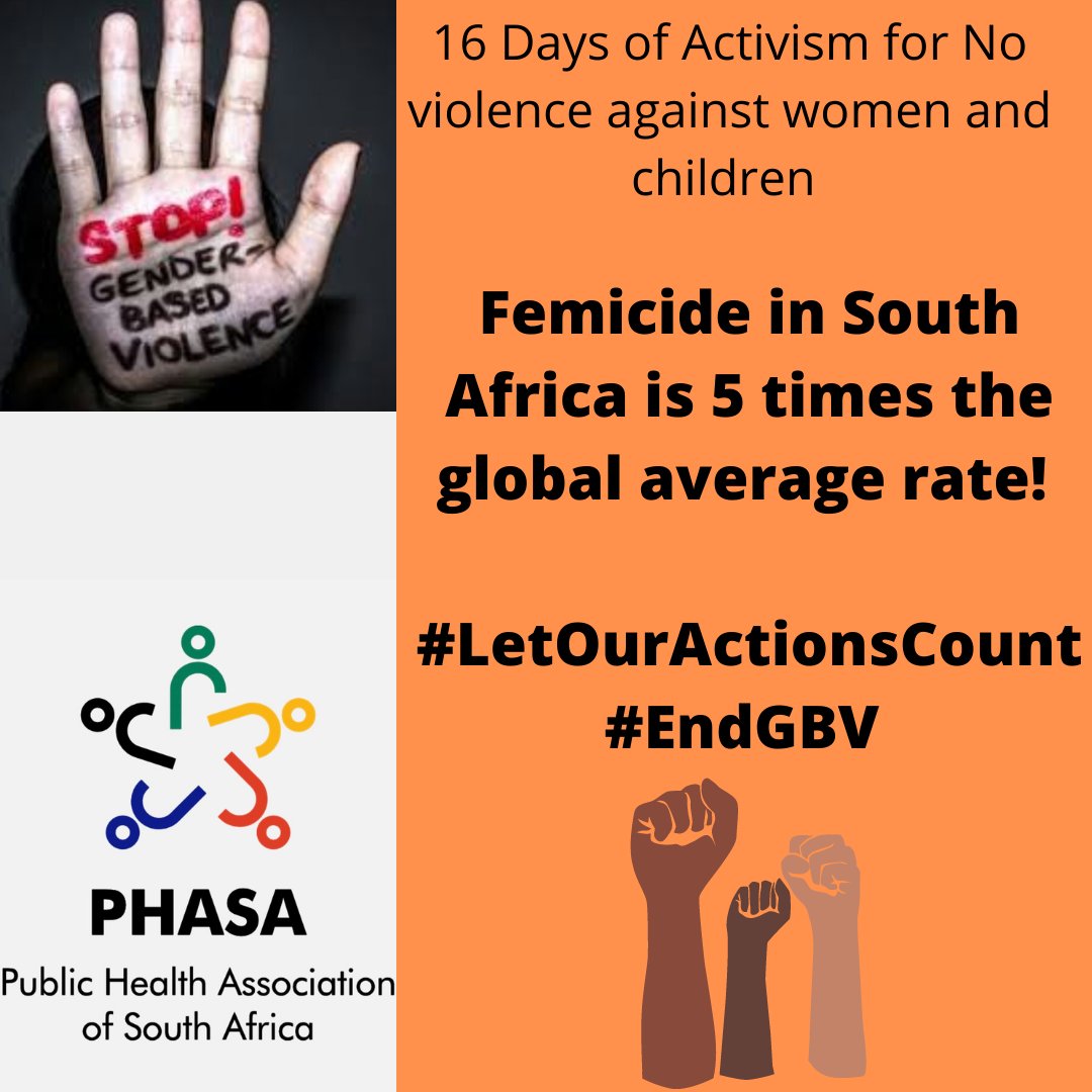 PHASA (@publichealthsa) on Twitter photo DYK: Femicide in South Africa is 5x the global average rate. This is unacceptable! #EnoughIsEnough #EndGBV #EndFemicide #16DaysofActivism2021
<a href="/HSphasa/">PHASA-HS</a> <a href="/ClimatePHASA/">Climate, Energy and Health_PHASA</a> <a href="/HastSig/">PHASA Civil Society HAST SIG</a> <a href="/rene_sparks/">René Sparks #HealthEquityAdvocate</a> <a href="/SHA_ZAR/">Harsha Somaroo</a> <a href="/TChivese/">Tinashe Chivese</a> <a href="/natisha_dukhi/">Dr Natisha Dukhi</a> <a href="/Tham_Naidu/">Dr Thameshree Duys</a> <a href="/ChoonaraShakira/">Doc Shakira Choonara</a> <a href="/andilethereader/">Andile the Reader</a> <a href="/TekanoSA/">Atlantic Fellows for Health Equity SA</a> DYK: Femicide in South Africa is 5x the global average rate. This is unacceptable! #EnoughIsEnough #EndGBV #EndFemicide #16DaysofActivism2021
<a href="/HSphasa/">PHASA-HS</a> <a href="/ClimatePHASA/">Climate, Energy and Health_PHASA</a> <a href="/HastSig/">PHASA Civil Society HAST SIG</a> <a href="/rene_sparks/">René Sparks #HealthEquityAdvocate</a> <a href="/SHA_ZAR/">Harsha Somaroo</a> <a href="/TChivese/">Tinashe Chivese</a> <a href="/natisha_dukhi/">Dr Natisha Dukhi</a> <a href="/Tham_Naidu/">Dr Thameshree Duys</a> <a href="/ChoonaraShakira/">Doc Shakira Choonara</a> <a href="/andilethereader/">Andile the Reader</a> <a href="/TekanoSA/">Atlantic Fellows for Health Equity SA</a>
